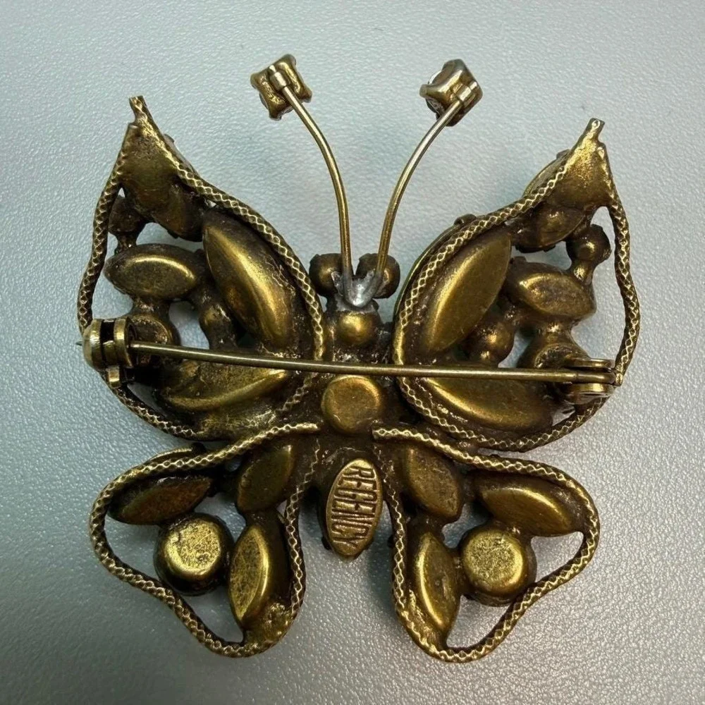 Vintage Regency Rhinestone‎ Butterfly Brooch Green Uranium Glass MCM Signed